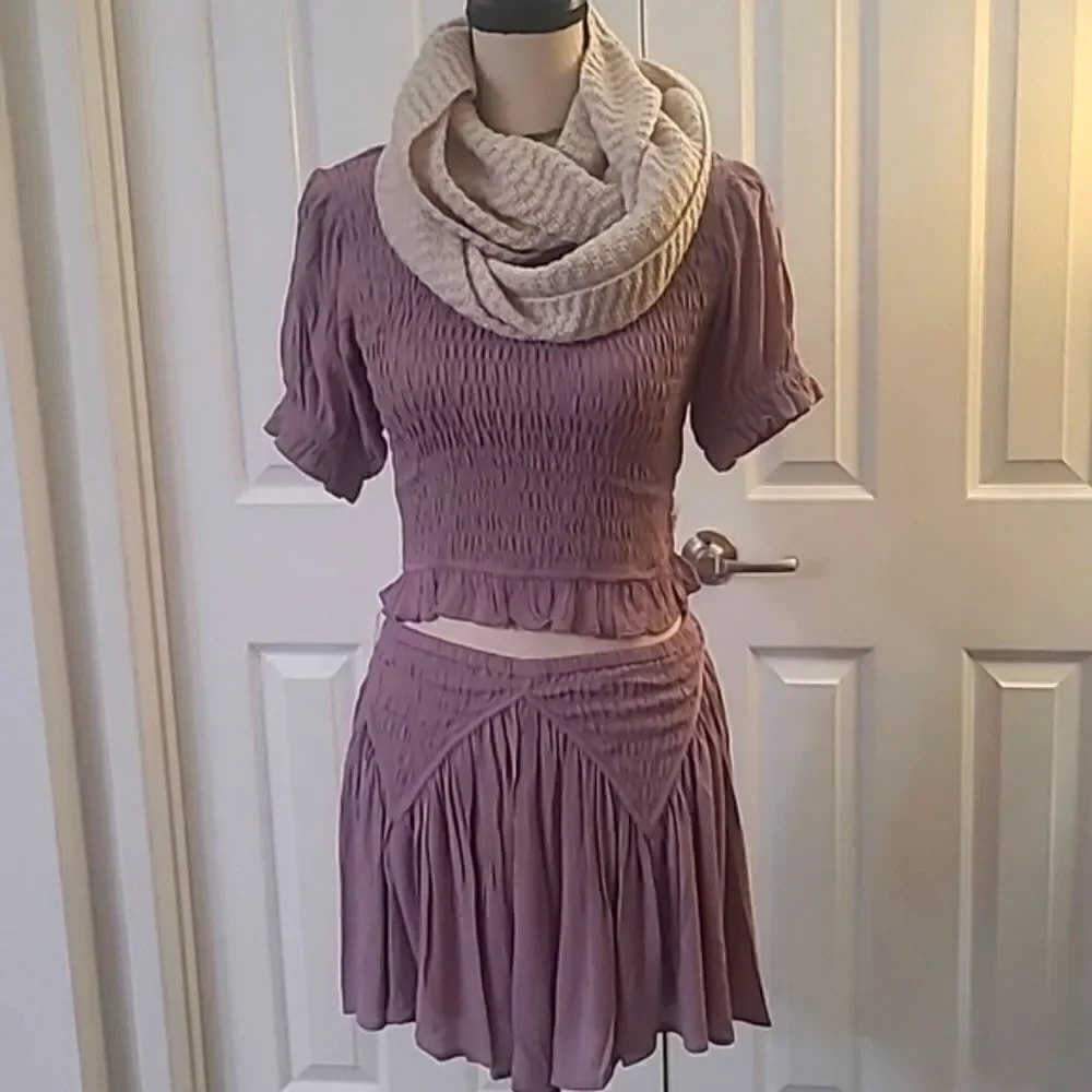 Lavendar Matching Set  Smocked Top Skirt Feminine Frilly Boho Outfit